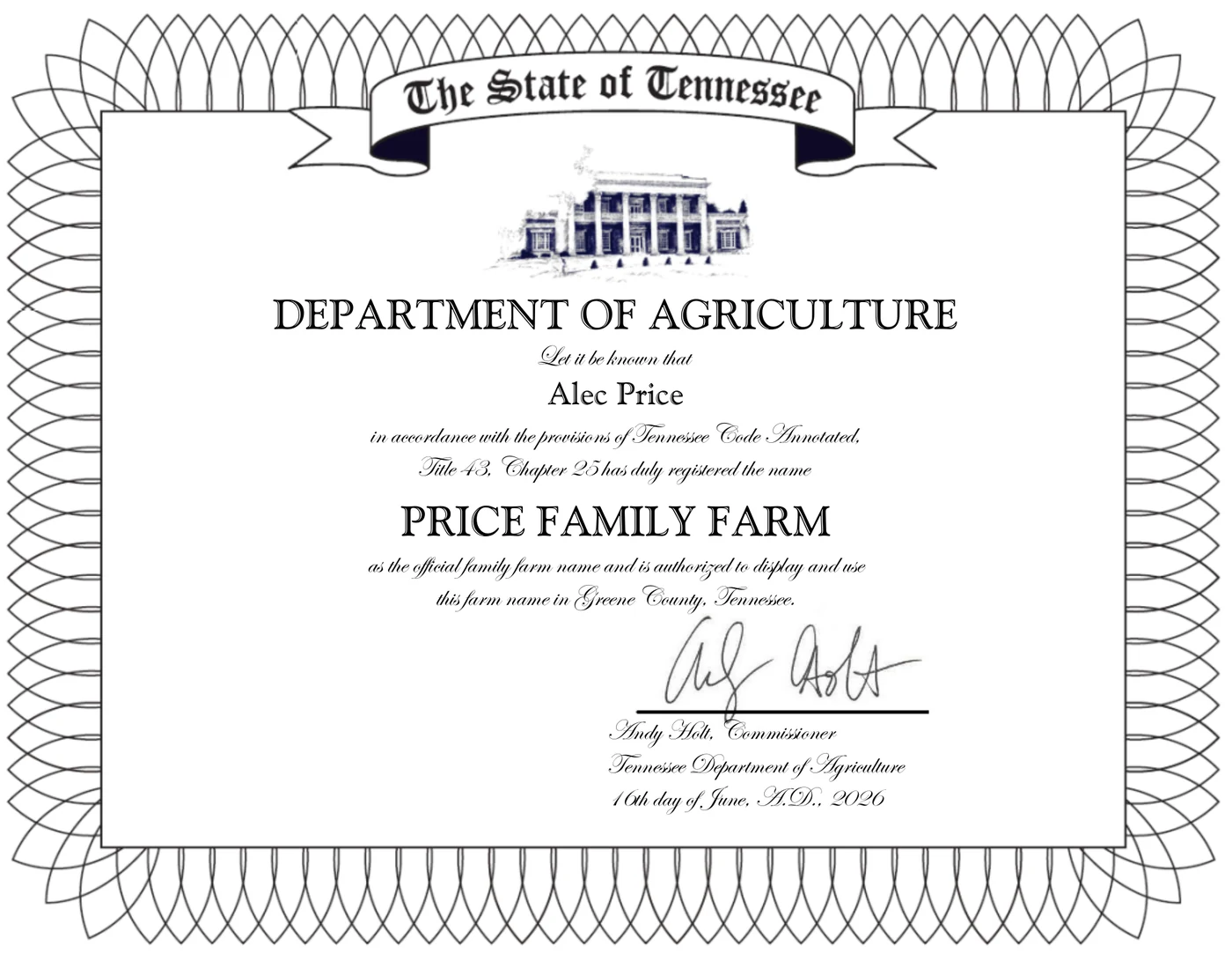 Tennessee Department of Agriculture certificate registering Price Family Farm as the official family farm name in Greene County