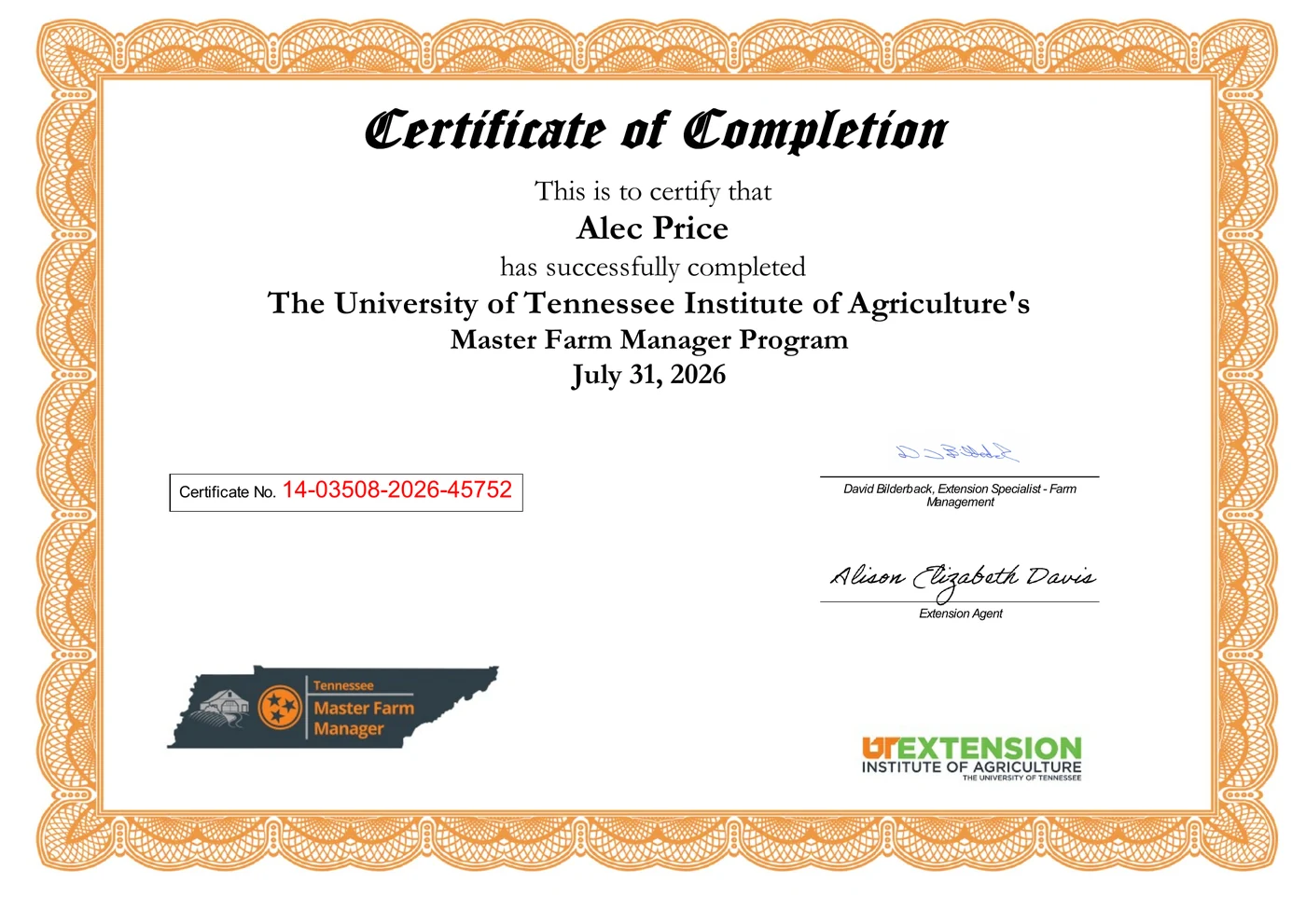 University of Tennessee Institute of Agriculture Master Farm Manager Program certificate of completion for Alec Price