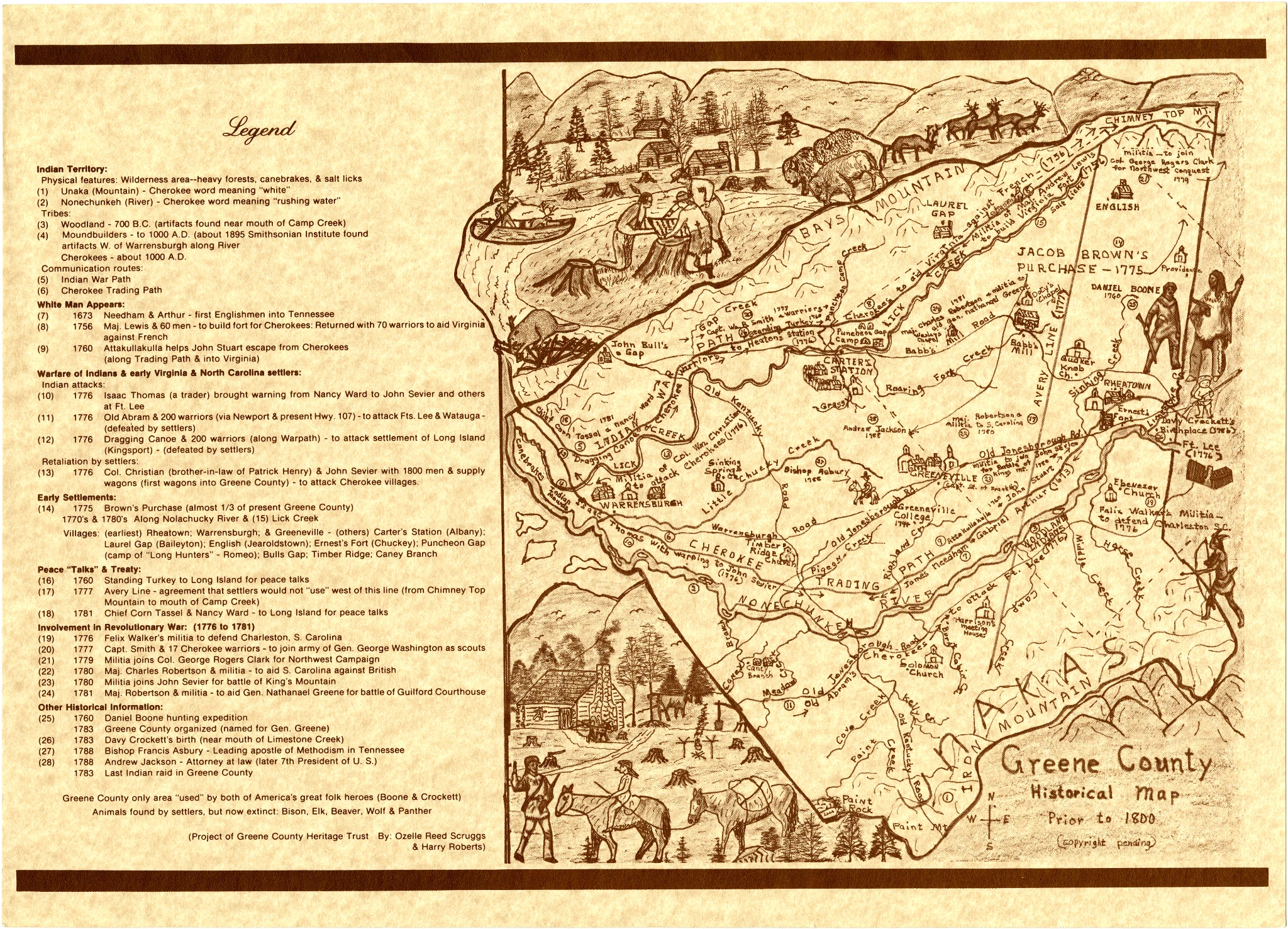 Historical map of Greene County, Tennessee prior to 1800, showing Greeneville, the Nolichucky River, early routes, settlements, and mountain gaps